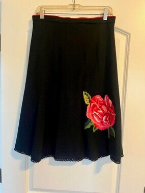Black Wool Skirt by Viola with Gorgeous Embroidered Flower. Size M.